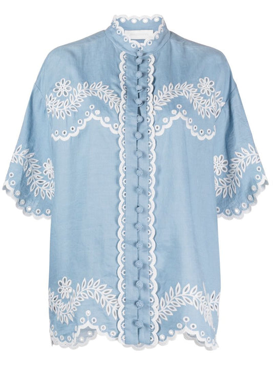 Blue Junie Floral-embroidered Linen Shirt