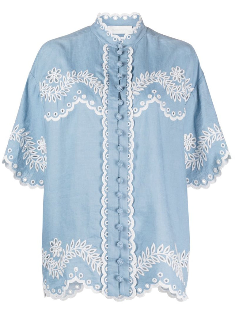 Blue Junie Floral-embroidered Linen Shirt