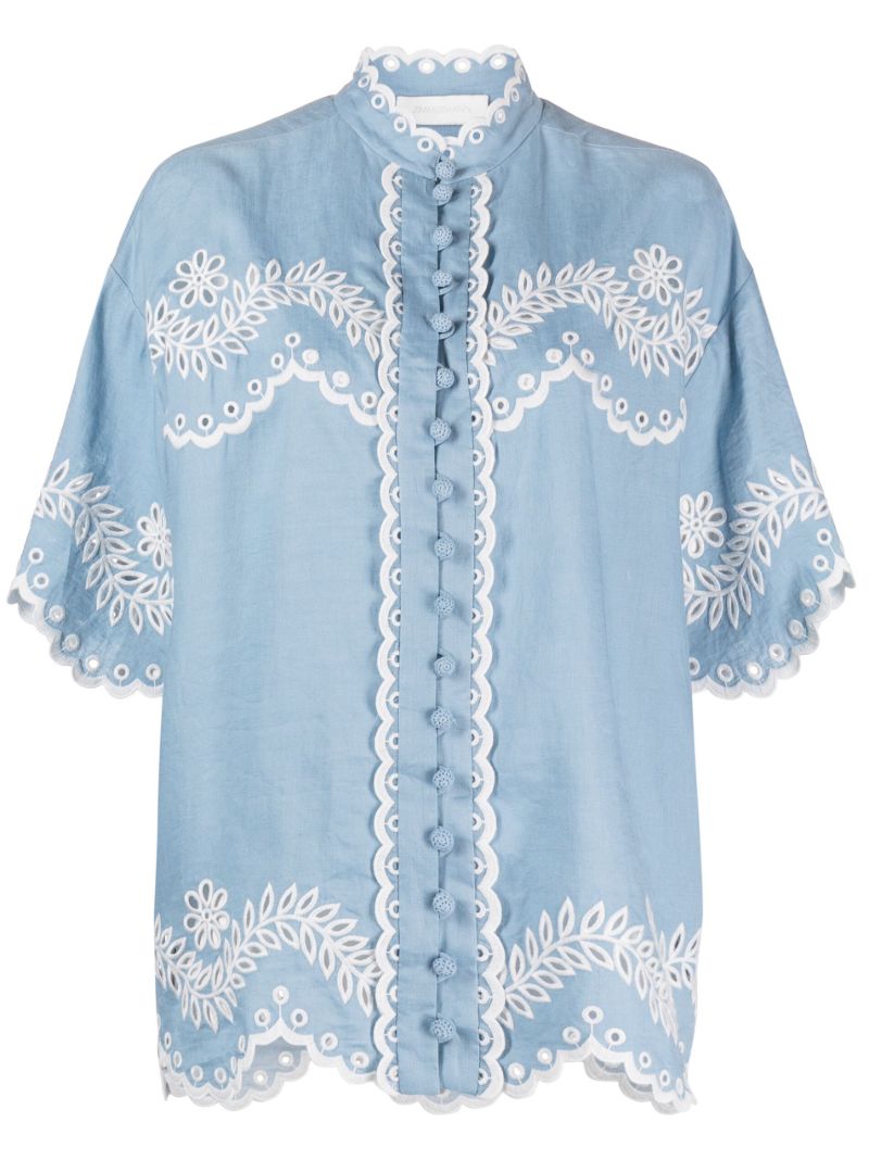 Blue Junie Floral-embroidered Linen Shirt