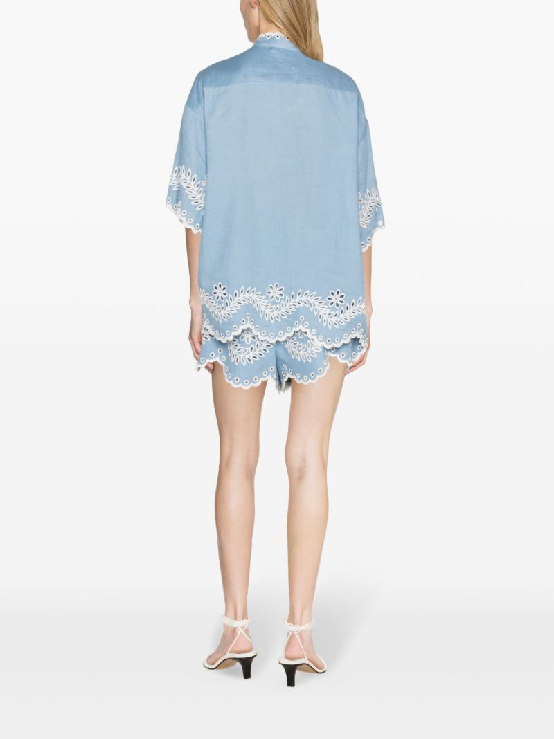 Blue Junie Floral-embroidered Linen Shirt