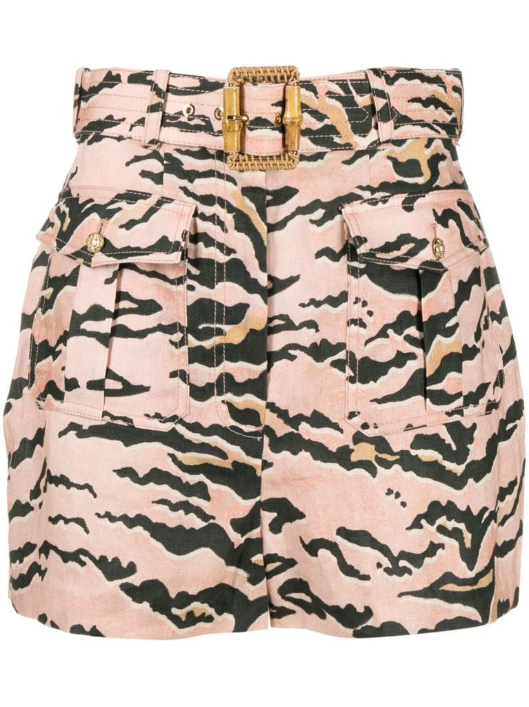 Pink Matchmaker Safari Tiger-print Linen Shorts