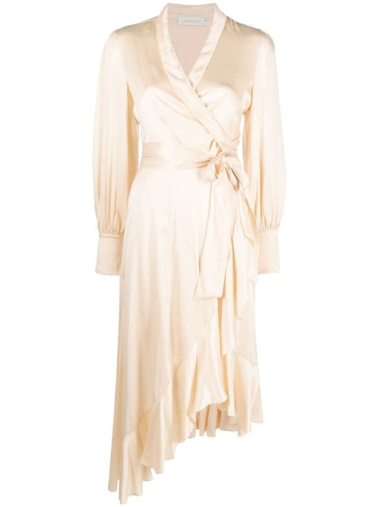 Neutral Wrap Design Silk Midi Dress