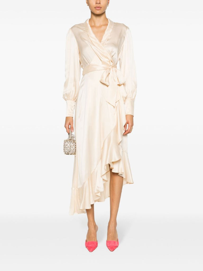 Neutral Wrap Design Silk Midi Dress