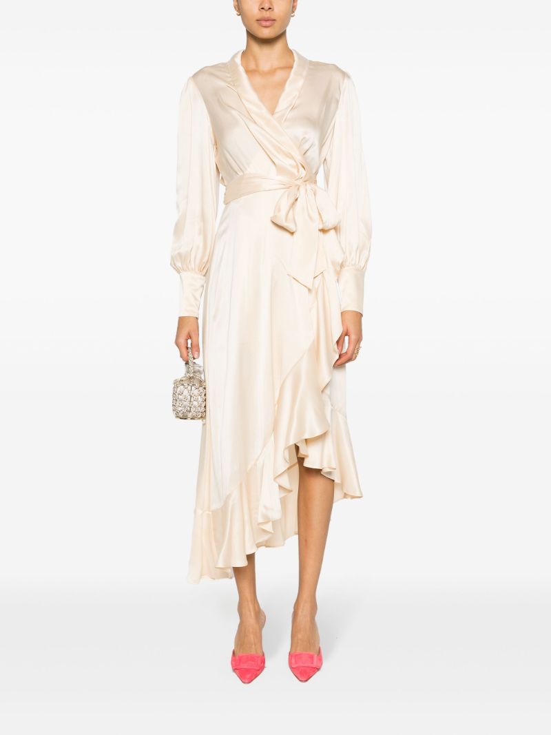 Neutral Wrap Design Silk Midi Dress