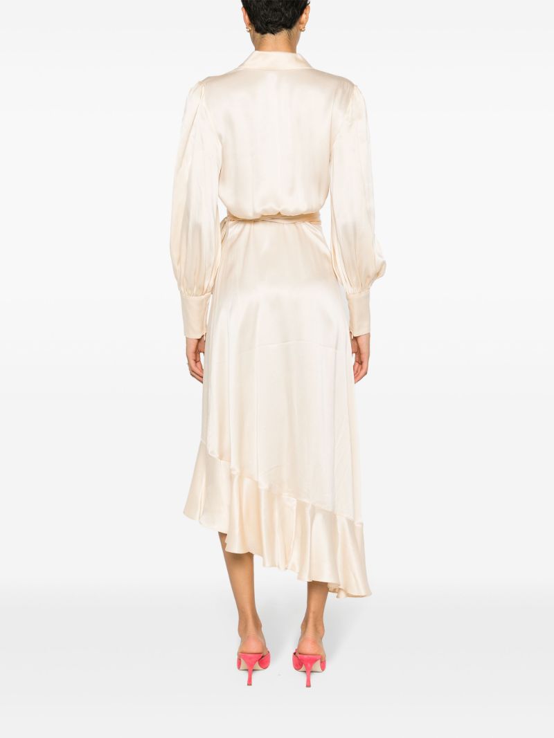 Neutral Wrap Design Silk Midi Dress