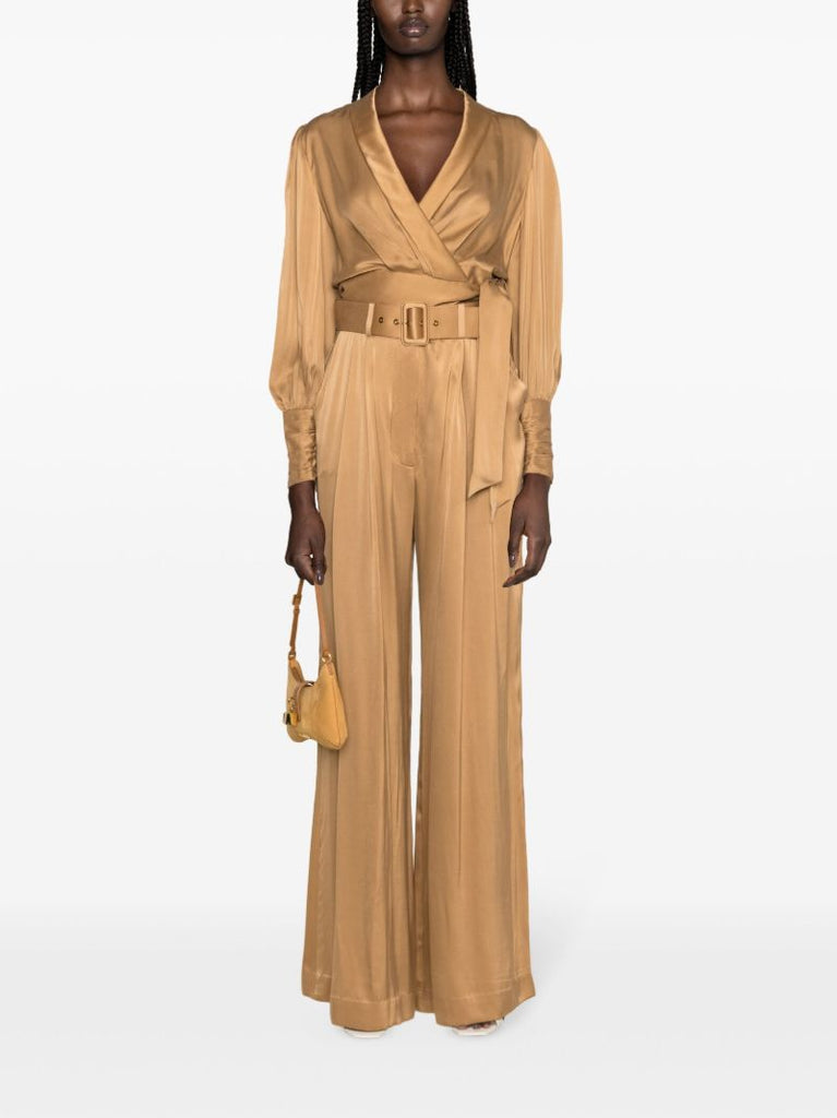 Brown Wrap Silk Cropped Blouse