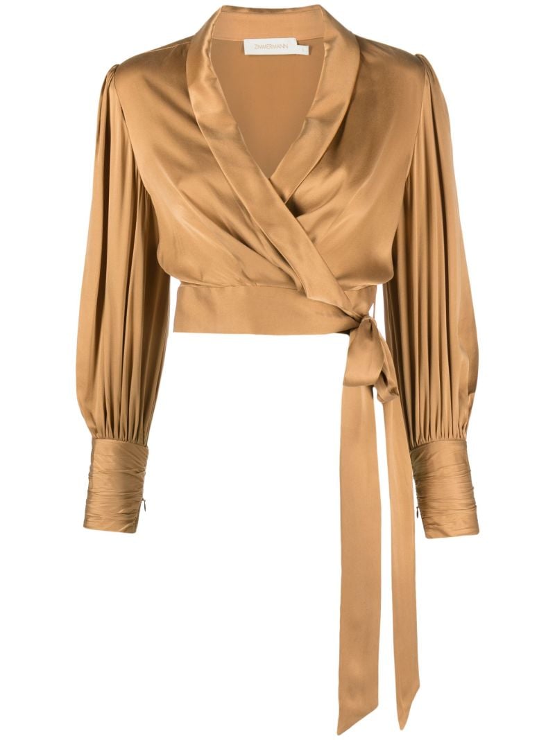 Brown Wrap Silk Cropped Blouse