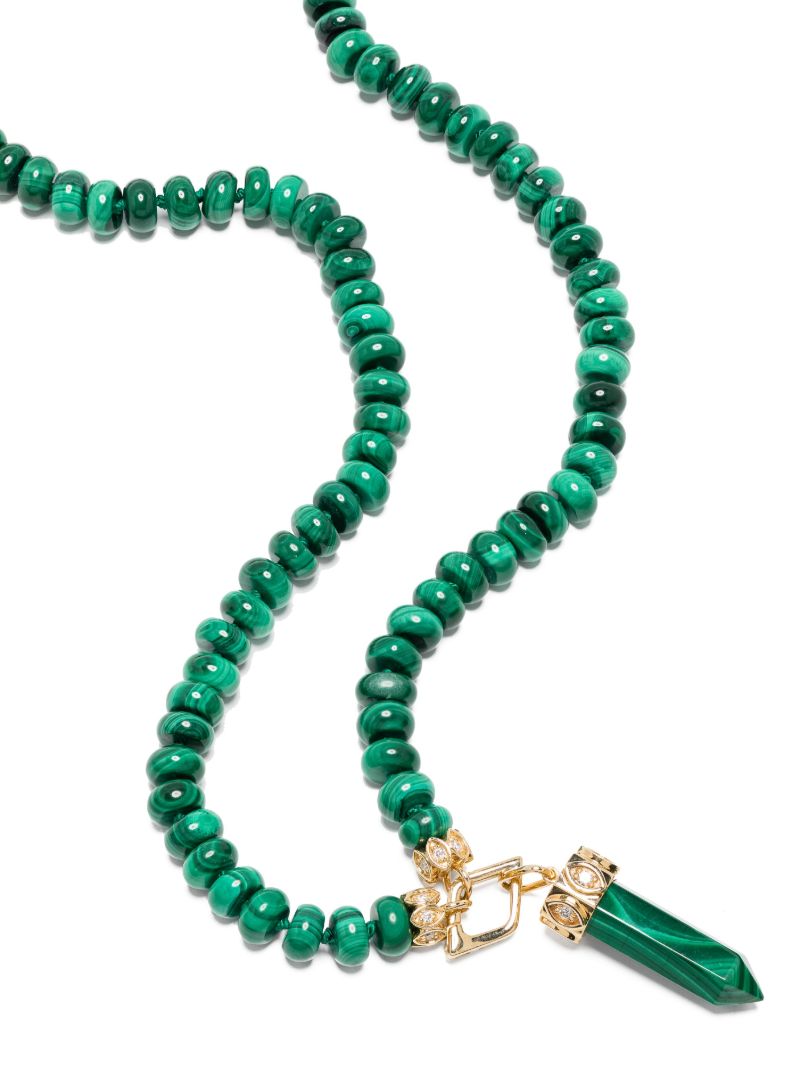 14k Yellow Gold Eye Malachite Beaded Necklace