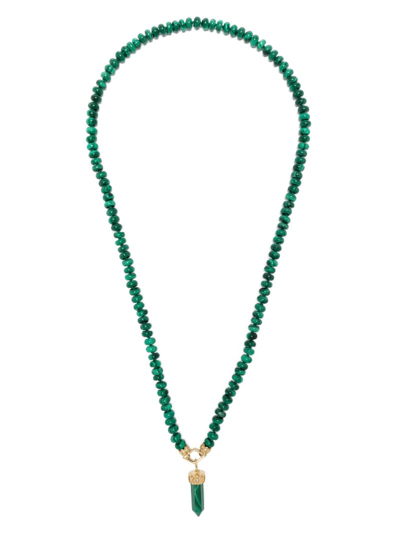 14k Yellow Gold Eye Malachite Beaded Necklace