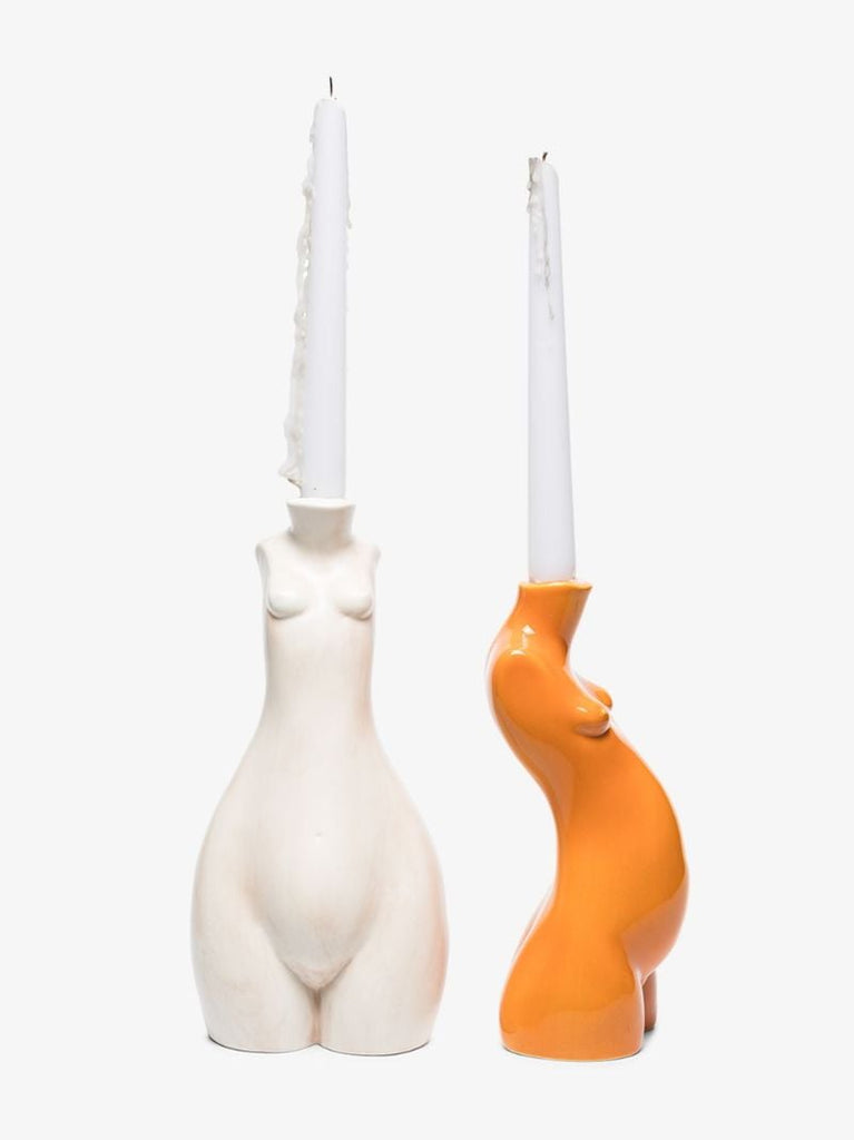 White Tit for Tat Tall Candlestick