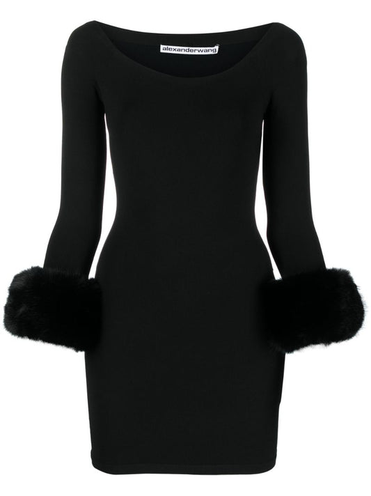 Black Faux-fur Cuff Mini Dress