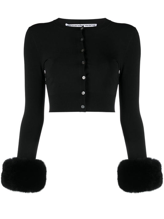 Black Faux-fur Cuff Cropped Cardigan