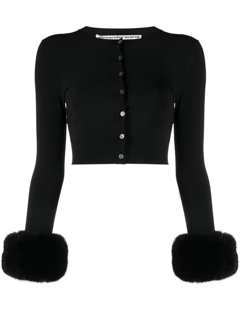 Black Faux-fur Cuff Cropped Cardigan