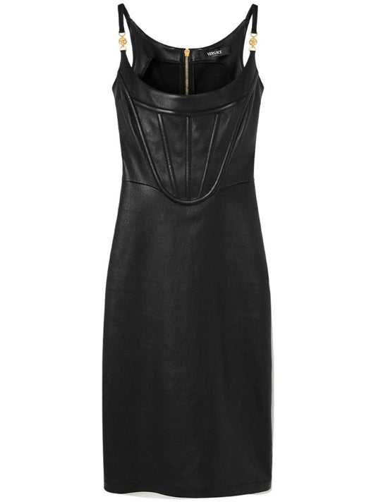 Black Corset-style Leather Midi Dress