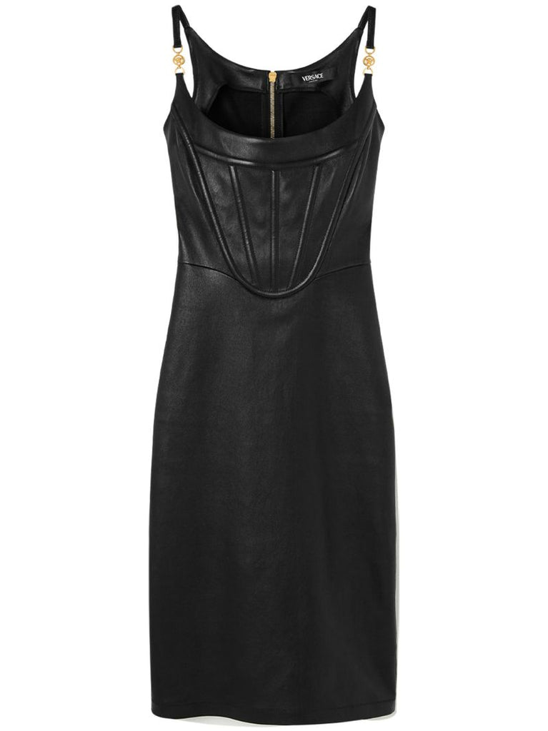 Black Corset-style Leather Midi Dress