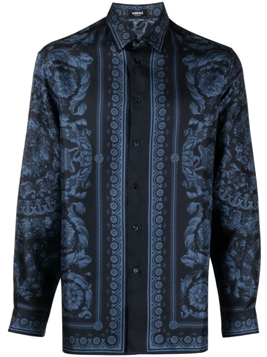 Blue Barocco-print Silk Shirt