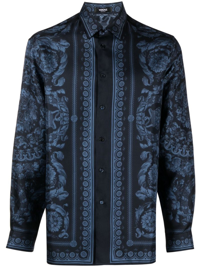 Blue Barocco-print Silk Shirt