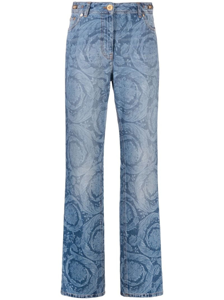 Blue Barocco-print Straight-leg Jeans