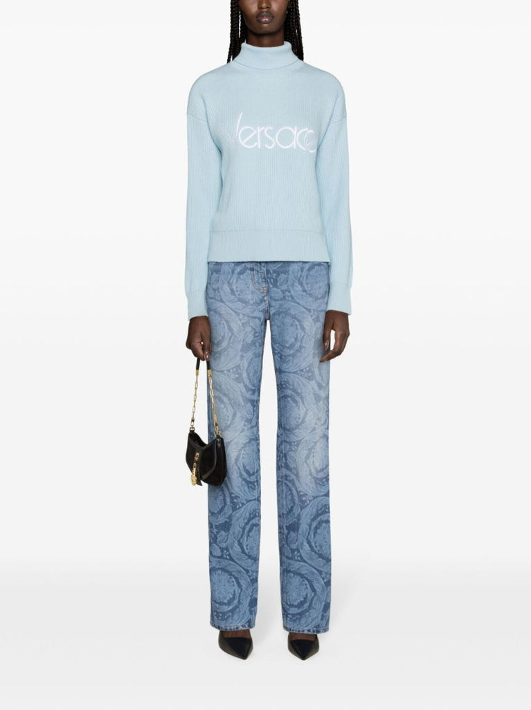 Blue Barocco-print Straight-leg Jeans
