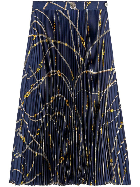 Blue Greca Nautical Pleated Midi Skirt