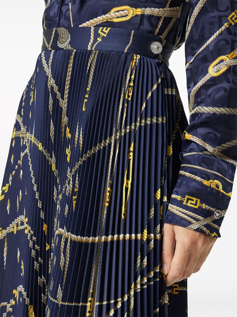 Blue Greca Nautical Pleated Midi Skirt