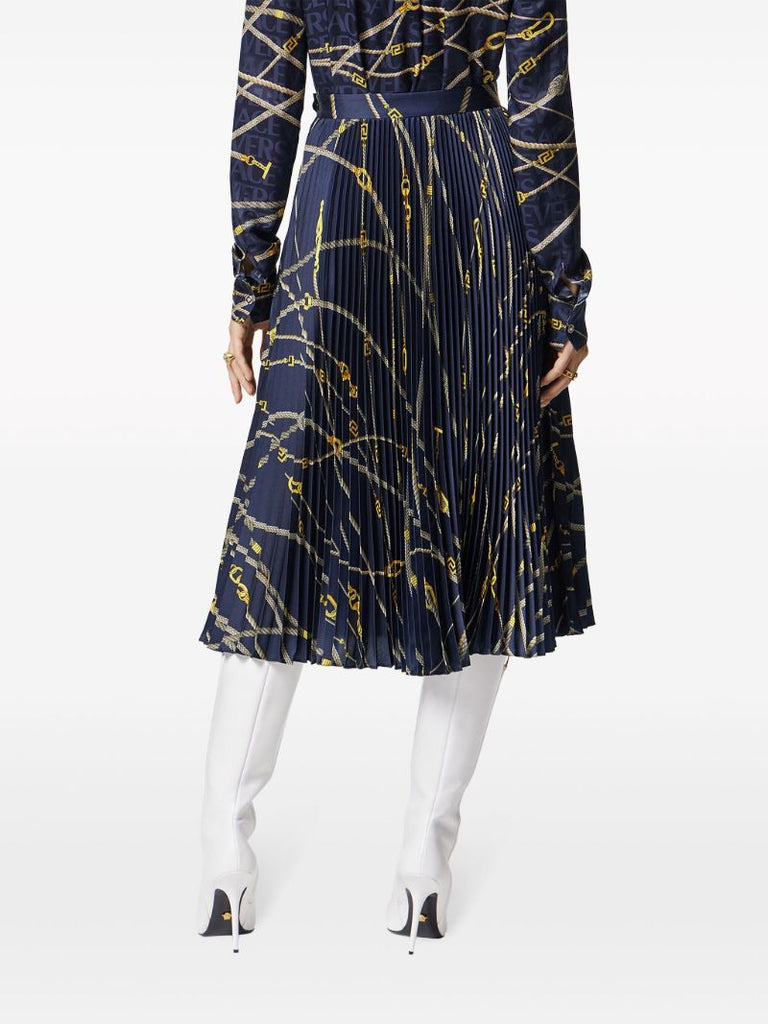 Blue Greca Nautical Pleated Midi Skirt