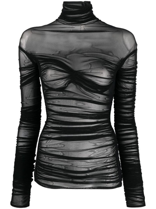 Black Ruched Semi-sheer Top