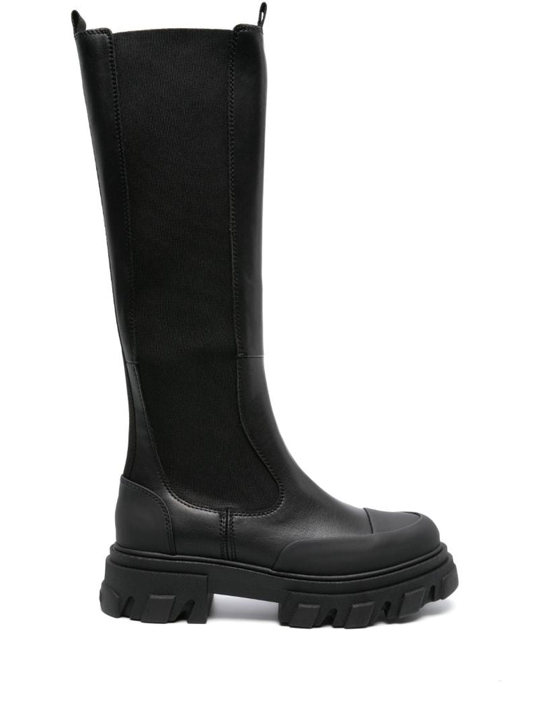 Black Cleated Knee-high Faux-leather Boots
