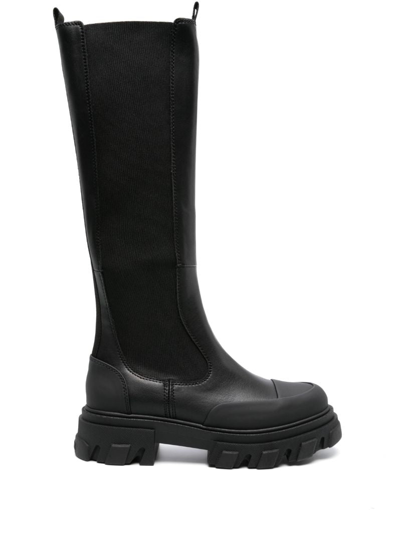 Black Cleated Knee-high Faux-leather Boots