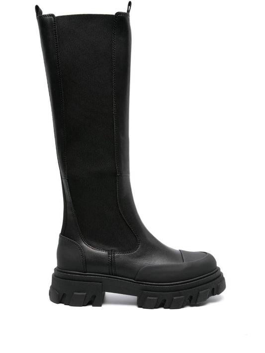 Black Cleated Knee-high Faux-leather Boots