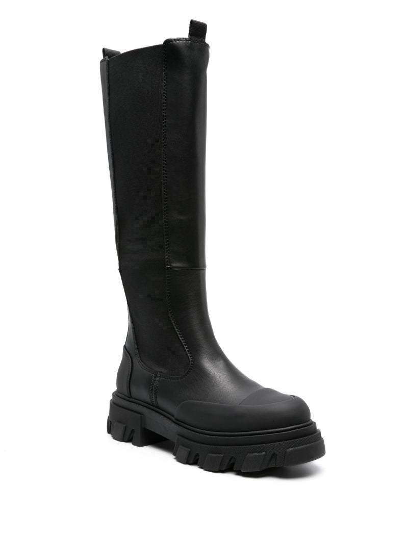Black Cleated Knee-high Faux-leather Boots