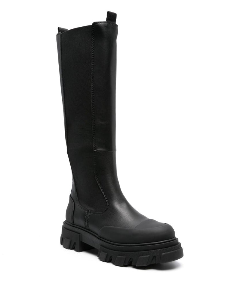 Black Cleated Knee-high Faux-leather Boots