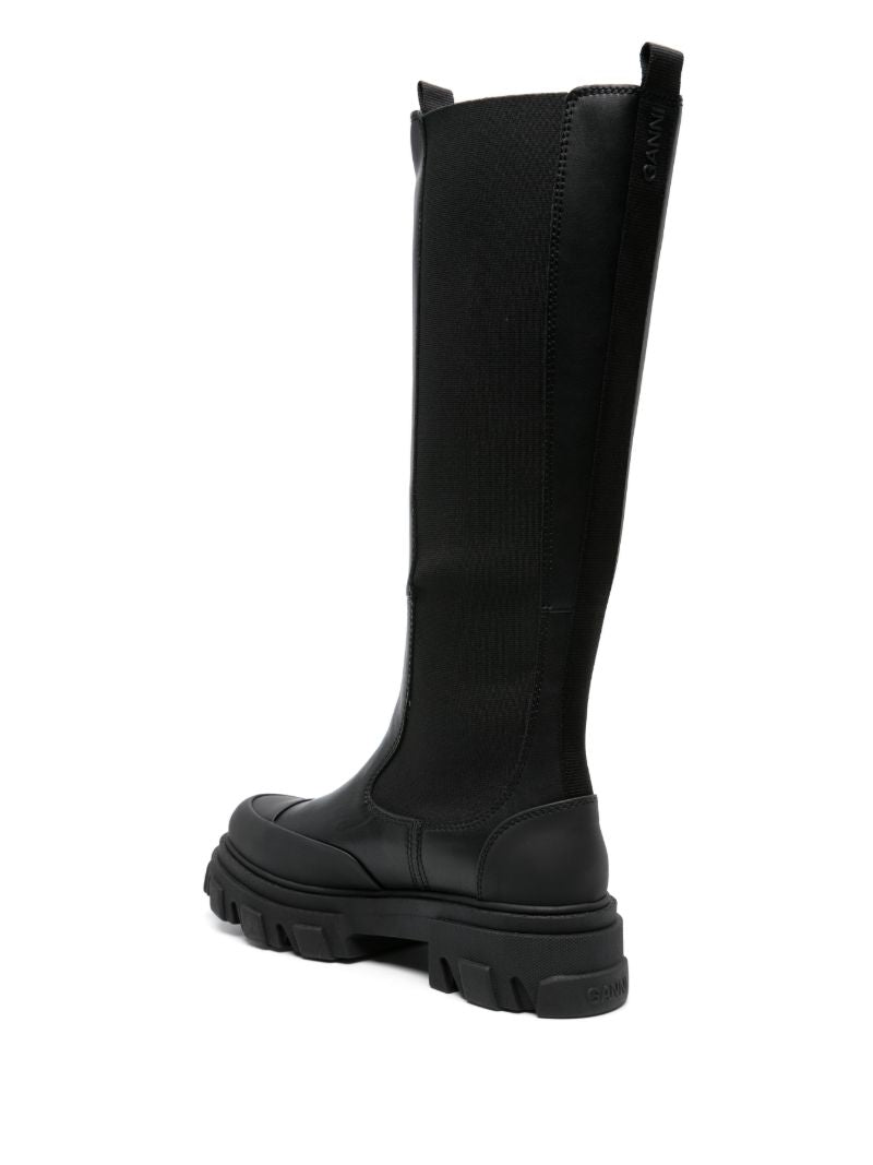 Black Cleated Knee-high Faux-leather Boots