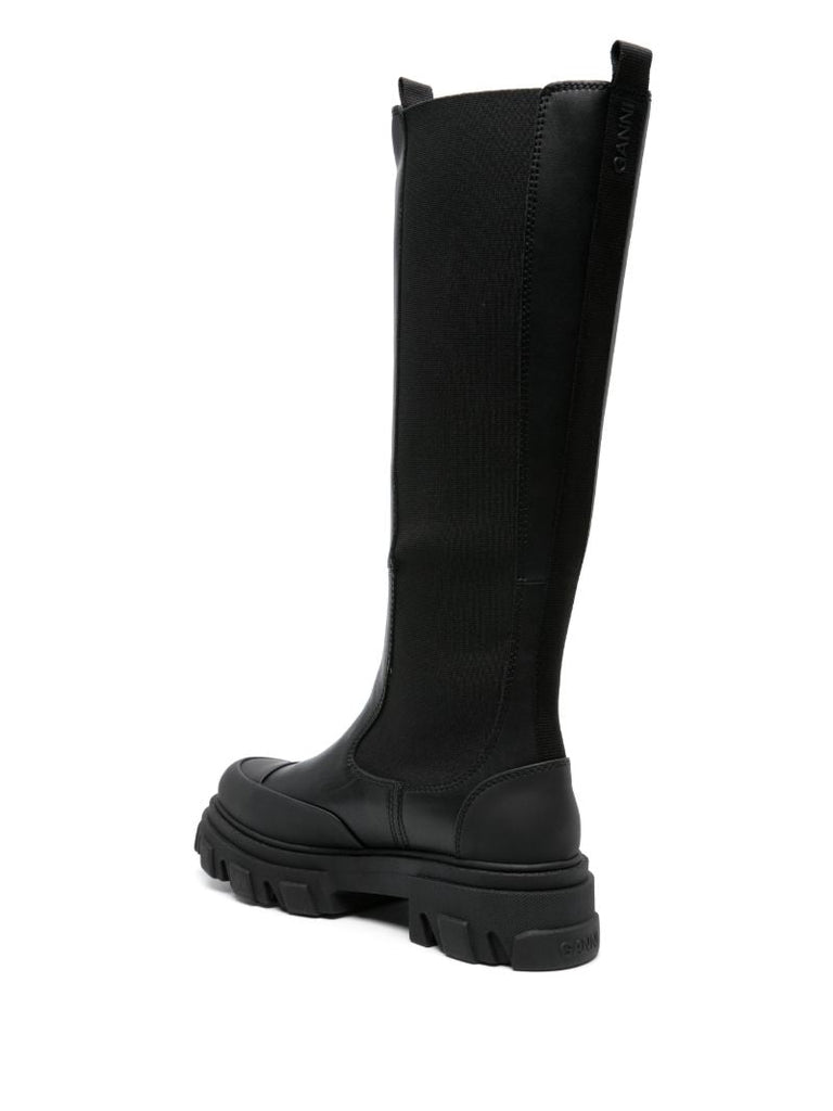 Black Cleated Knee-high Faux-leather Boots