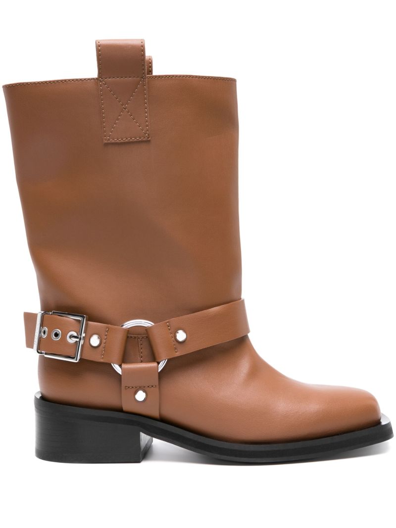 Brown Buckle-strap Biker Boots