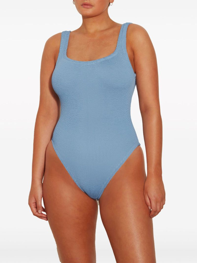 Blue Square-neck Crinkled Swimsuit