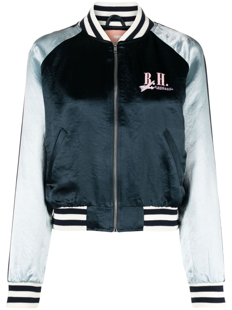 Blue Silky Embroidered Bomber Jacket