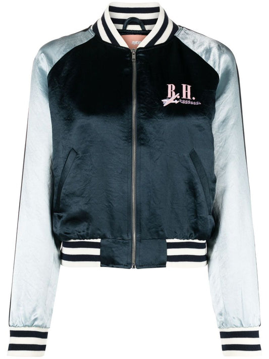 Blue Silky Embroidered Bomber Jacket