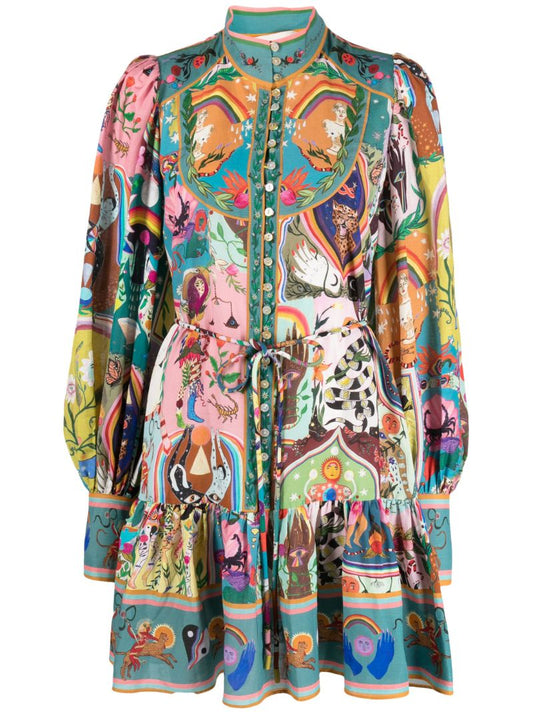 Blue Evergreen Artwork-print Mini Dress