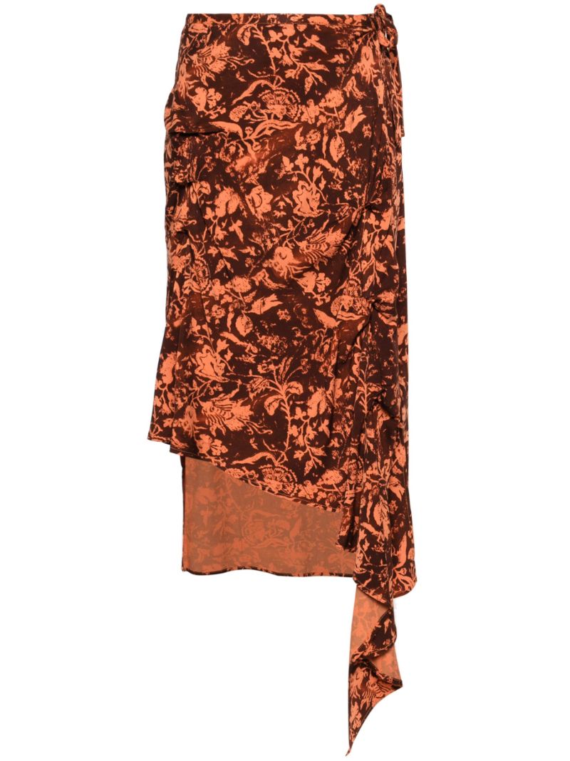 Brown Wilted Flowers-print Midi Skirt