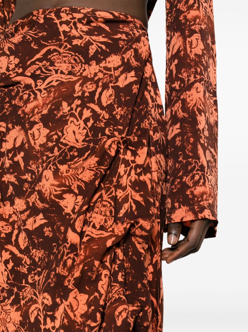 Brown Wilted Flowers-print Midi Skirt