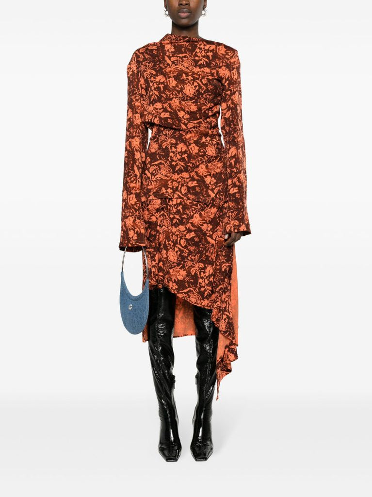Brown Wilted Flowers-print Midi Skirt