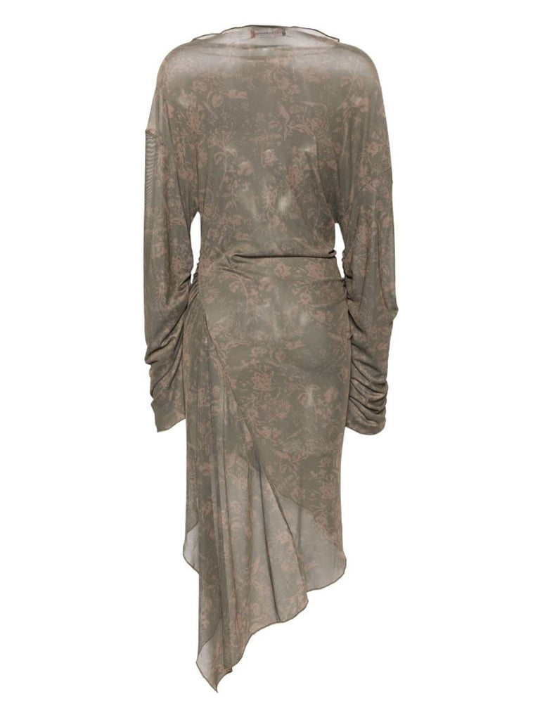 Green Wilted Flowers-print Asymmetric Dress