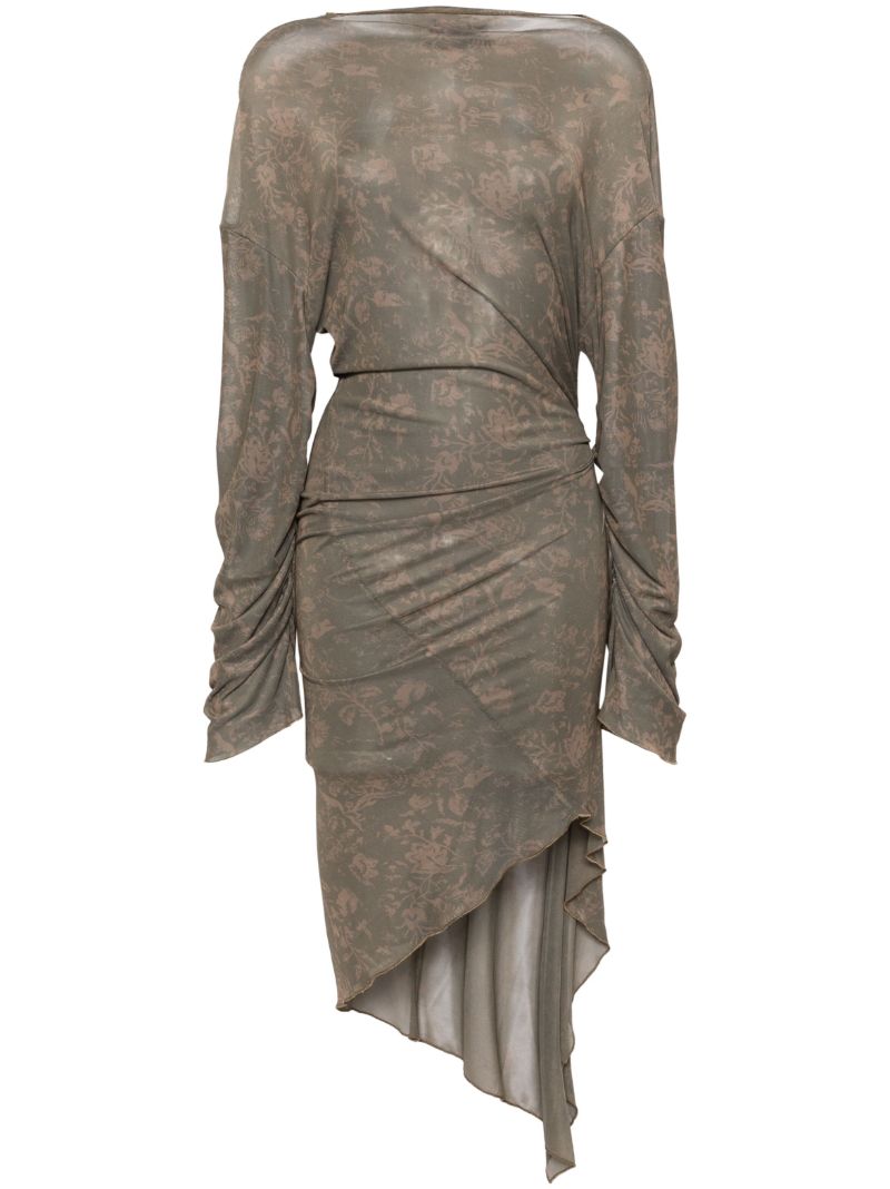 Green Wilted Flowers-print Asymmetric Dress