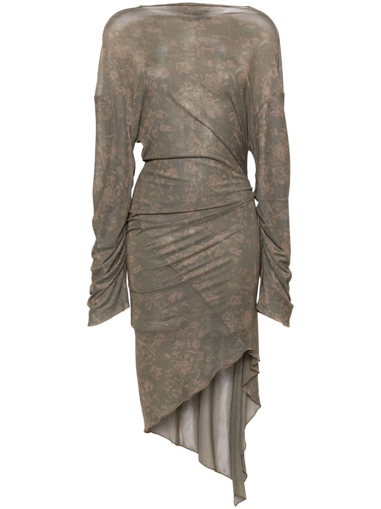 Green Wilted Flowers-print Asymmetric Dress