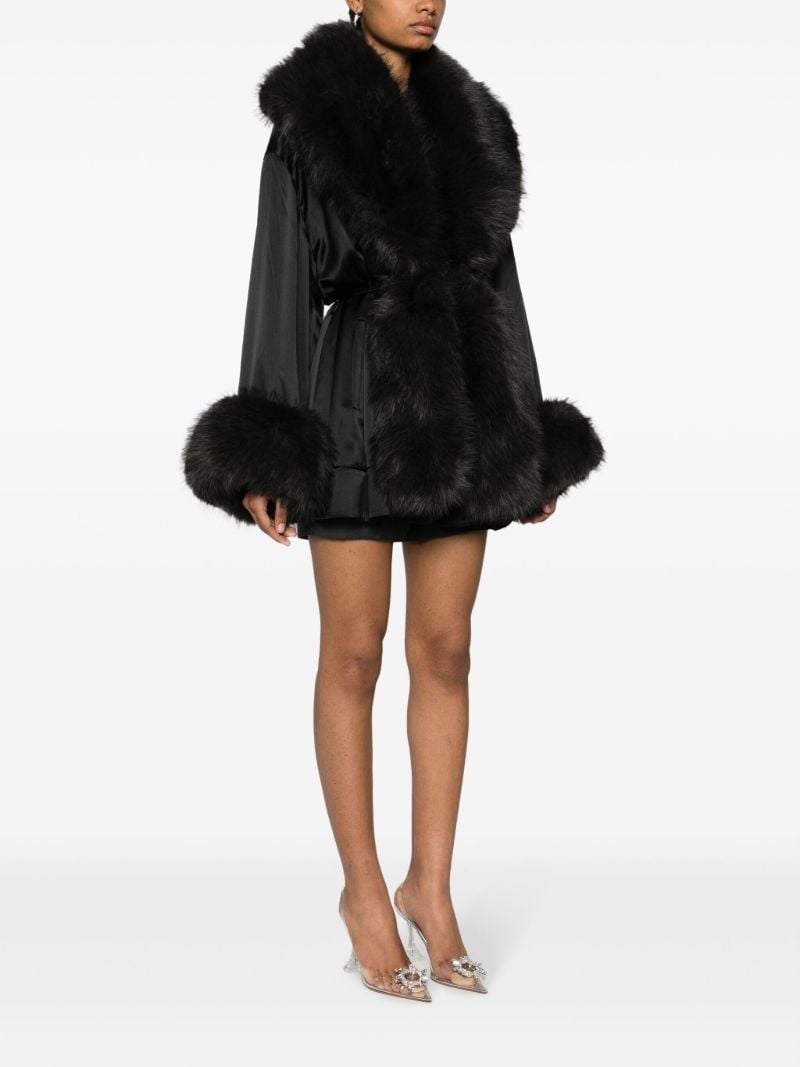 Black Faux-fur Trim Silk Robe Dress