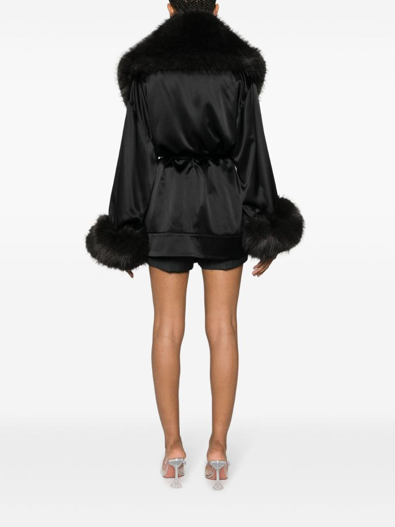 Black Faux-fur Trim Silk Robe Dress