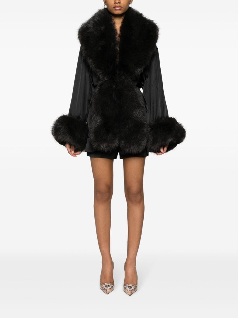 Black Faux-fur Trim Silk Robe Dress