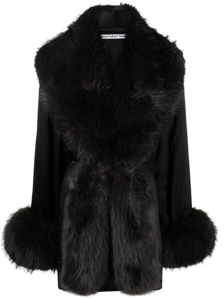 Black Faux-fur Trim Silk Robe Dress
