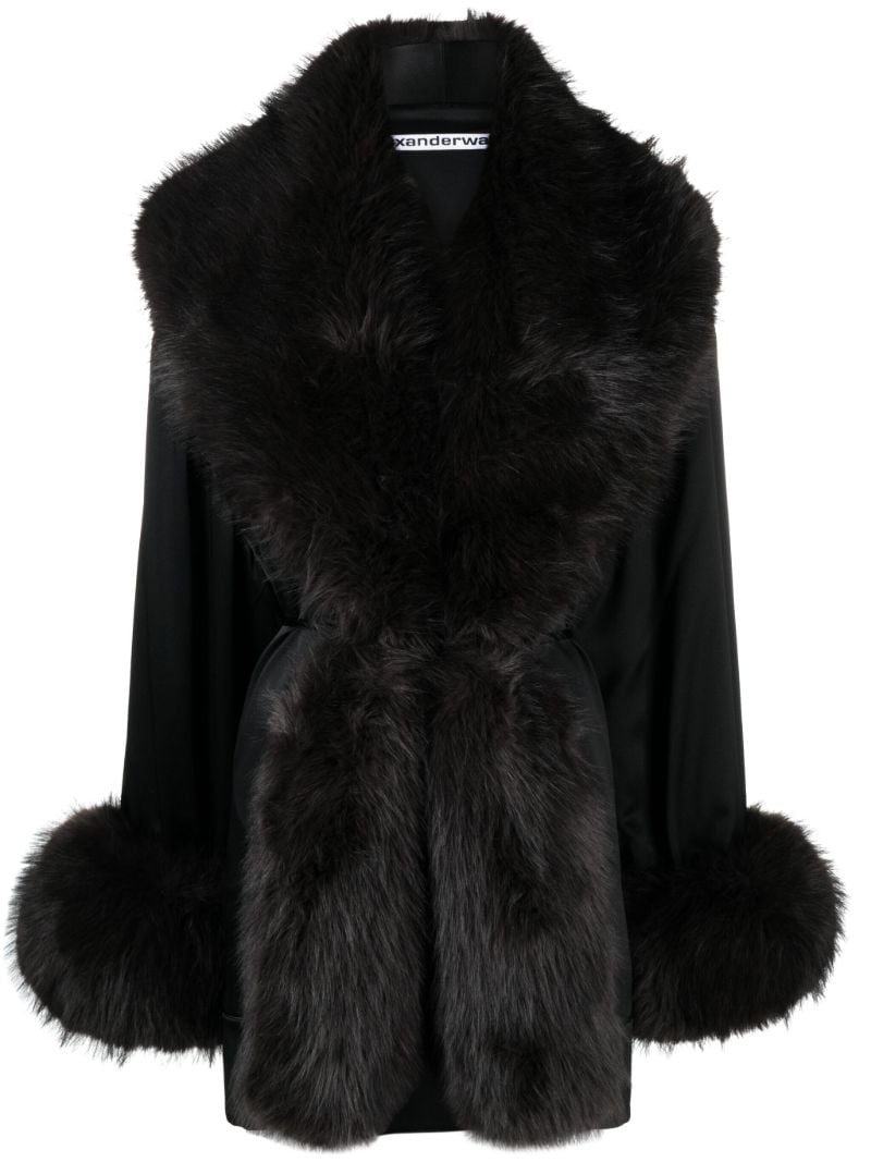 Black Faux-fur Trim Silk Robe Dress